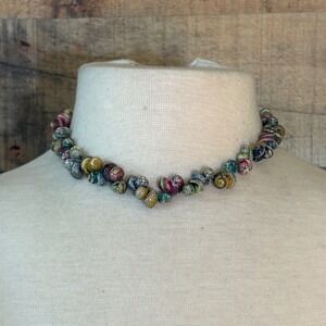 Multicolor Millefiori Glass Shell Bead Choker Necklace Gold Tone Hook Clasp 16in